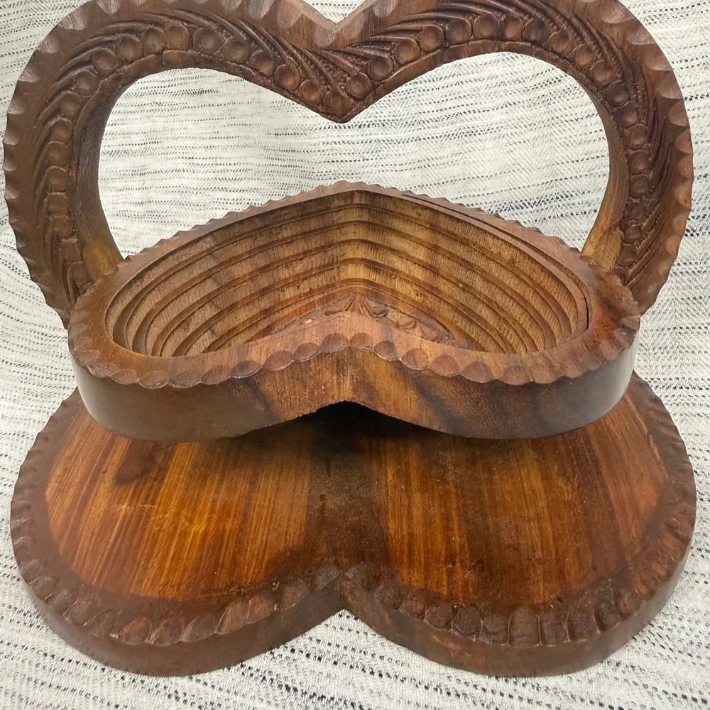 Vintage Carved Wooden Collapsible Folding Heart Bowl Basket Cottagecore Rustic